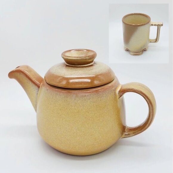 Vintage Set of Frankoma 6J Plainsman Desert Gold Teapot and Mug for Tea Coffee